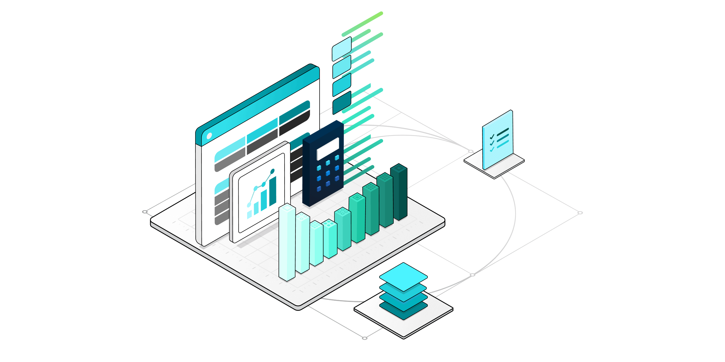 Ilustración isométrica de componentes técnicos para servicios centrales de negocios.